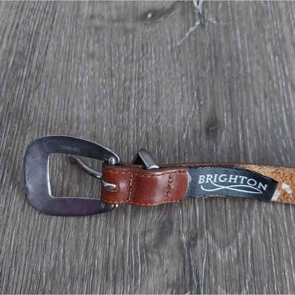 Brighton Brown Leather Skinny Belt with Silver Square Conchos & Buckle Large - Picture 4 of 7